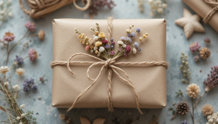 A wrapped gift rests atop a surface with dried flowers and decor, creating a cozy atmosphere.の素材