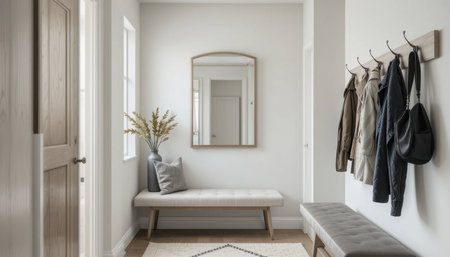 A well-designed hallway features a bench, decorative vase, and hooks for coats, showing simplicity and elegance.の素材