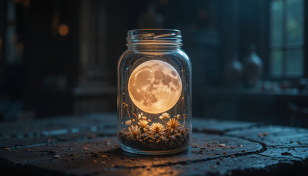 A jar filled with flowers shines softly as a full moon glows inside, creating a warm ambiance in the room.の素材