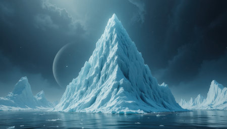 A towering ice peak dominates the serene waters, illuminated by the glow of distant stars in an otherworldly setting.の素材