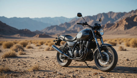 A motorcycle stands alone in the sandy desert, surrounded by dry grass and distant mountains under a clear sky.の素材