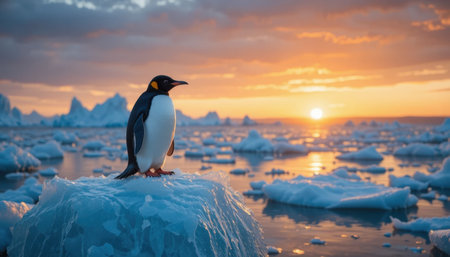 A penguin is perched on a large ice floe as the sun sets over calm waters, illuminating the beautiful Arctic scenery.の素材