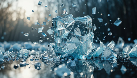 Fragments of broken ice scatter on a reflective surface as morning light filters through surrounding trees.の素材