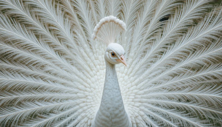 A striking white peacock spreads its magnificent feathers in a tranquil garden, showing natural beauty.の素材