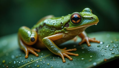 Bright green frog sitting on a wet leaf with droplets of water, showing its vibrant colors in a tropical habitat.の素材