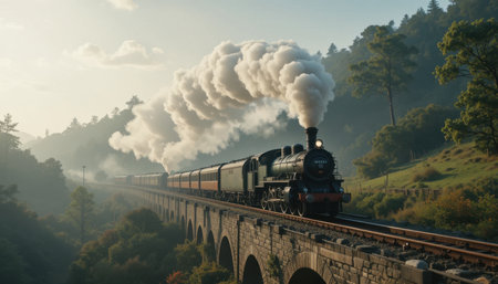 A vintage steam locomotive travels over a stone viaduct surrounded by lush trees, with smoke billowing in the sunlight.の素材