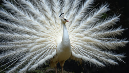 A regal white peacock elegantly fans its impressive feathers, showing intricate beauty and grace in the wild.の素材
