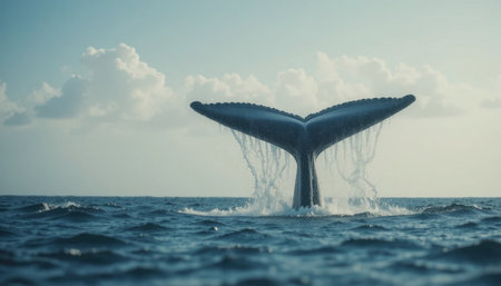 A majestic whale tail rises from the water, cascading droplets glistening under the warm sun and soft clouds.の素材