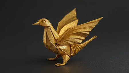 Intricately crafted origami bird with golden wings stands out against a black backdrop, showing its elegant design.の素材