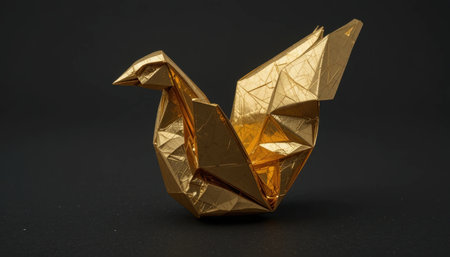 A golden origami bird rests on a dark surface, showing the artistry of its intricate paper folding.の素材