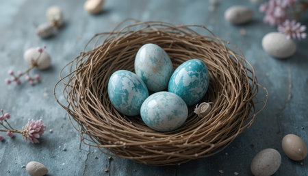 Four vibrant blue eggs rest comfortably in a natural twigs nest on an aged wooden table with floral accents.の素材
