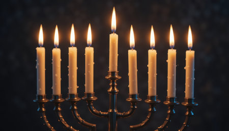 A menorah with glowing candles stands tall, casting warm light in a serene setting during evening hours.の素材