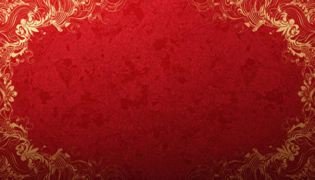 A striking red backdrop enhanced with intricate gold patterns, ideal for festive events and celebrations.の素材