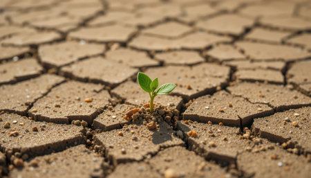 A small green plant sprouts from dry soil, symbolizing resilience and life against harsh challenges.の素材