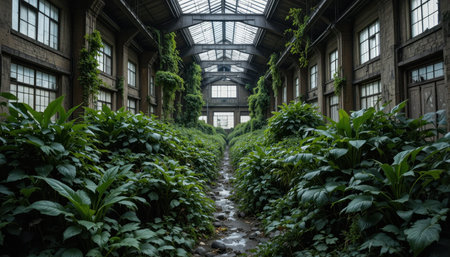 Lush green plants envelop an abandoned industrial building, creating a striking contrast against the concrete walls.の素材