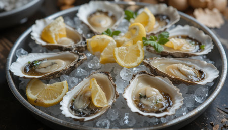 Oysters are arranged on a platter with ice and lemon, creating an appealing seafood dish ready to enjoy.の素材