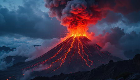Volcanic eruption displays flowing lava and smoke against a twilight sky, creating a stunning and fiery scene.の素材
