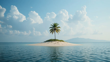 A solitary palm tree stands on a tiny sandy island with clear water, beneath a bright blue sky filled with clouds.の素材