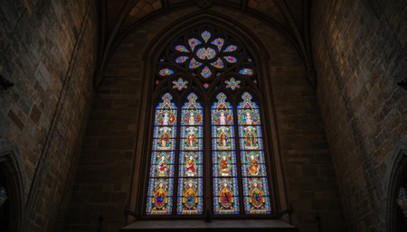 Vivid stained glass windows show religious scenes, creating a serene atmosphere in a well-lit church.の素材