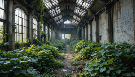 Sunlight filters through dusty windows illuminating dense foliage in an abandoned industrial space.の素材