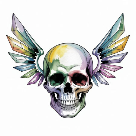 This artwork features a skull adorned with striking crystal wings depicted in watercolor style with rich colors.の素材