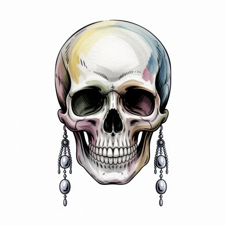 A vibrant watercolor skull adorned with elegant earrings, showing artistic creativity.の素材