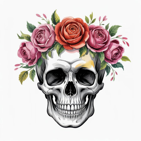 A vivid watercolor art piece showing a skull decorated with a colorful arrangement of roses and greenery.の素材
