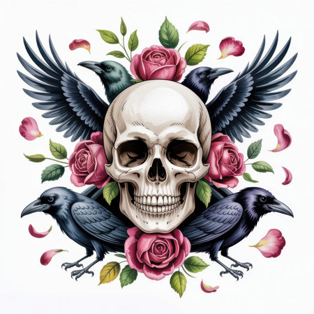 This artwork showcases a skull surrounded by ravens and roses, blending dark and colorful elements seamlessly.の素材