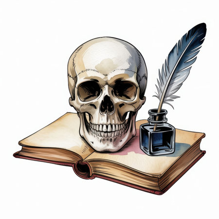 A watercolor illustration shows a skull on an open book with a quill and ink, symbolizing knowledge and mortality.の素材