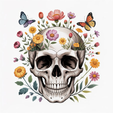 Bright flowers and butterflies decorate a skull, creating a striking contrast in a lovely watercolor illustration.の素材