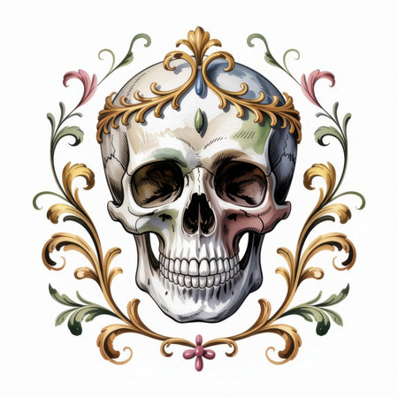 Vibrant watercolor artwork showcases a skull adorned with elegant floral designs and ornate decorations.の素材