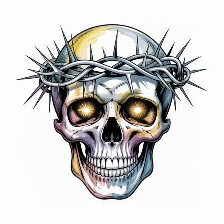 Vibrant watercolor art shows a skull with a crown of thorns, featuring intricate details and colors.の素材
