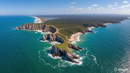 Stunning landscape features dramatic cliffs, sandy beaches, and vibrant ocean waves under bright skies.の素材