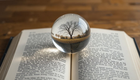 A crystal ball is placed on an open book, reflecting a tree surrounded by nature under soft light.の素材