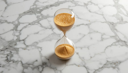 An hourglass filled with golden sand stands on a polished marble table, symbolizing the flow of time.の素材