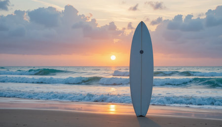 A lone surfboard stands in soft sand, facing a vibrant sunset over gentle ocean waves.の素材