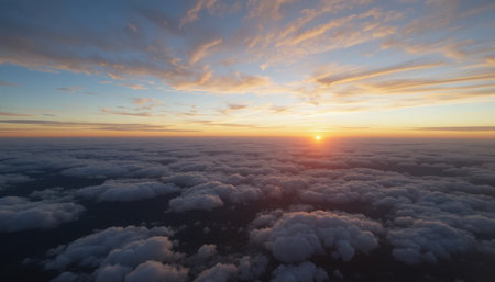 A vibrant sunset paints the sky with warm colors as it sinks below clouds, creating a serene twilight scene.の素材