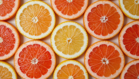 Colorful slices of oranges, grapefruits, and lemons neatly arranged, highlighting their fresh appearance and patterns.の素材