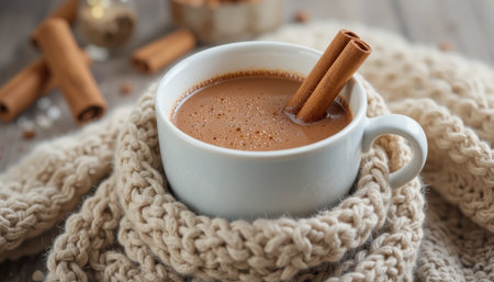 A cozy scene showcases a warm mug filled with chocolate, garnished with cinnamon sticks, wrapped in a soft knit scarf.の素材