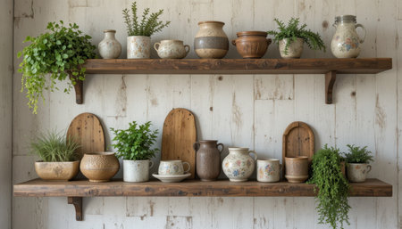 Charming shelves display ceramic pots and vibrant plants, creating a warm and inviting corner of a home.の素材