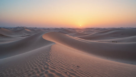 Golden hues illuminate the soft sand dunes as the sun sets, creating a serene and tranquil desert scene.の素材