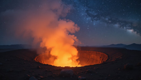 Bright lava flows from the volcano at night, illuminated against the starry sky and surrounding mountains.の素材