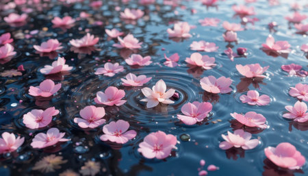Delicate pink cherry blossoms rest on calm water, creating a peaceful reflection in a natural setting.の素材