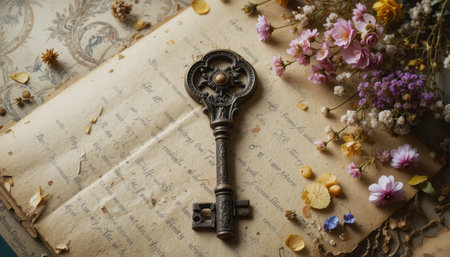 An antique key is placed on a faded parchment with handwritten notes, adorned with colorful dried flowers and leaves.の素材