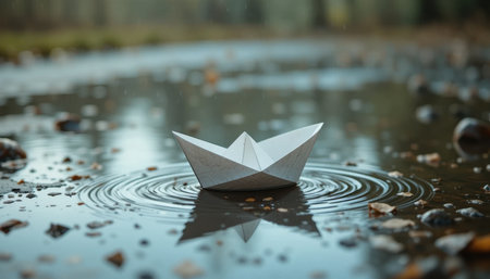 A paper boat drifts gently on still water, creating ripples in a peaceful natural environment with stones nearby.の素材