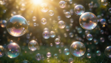 Colorful bubbles drift gracefully through sunlight, creating a magical atmosphere above the green grass.の素材
