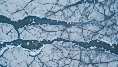 Aerial perspective reveals intricate cracks across the ice of a frozen lake, displaying nature's wintry design.の素材