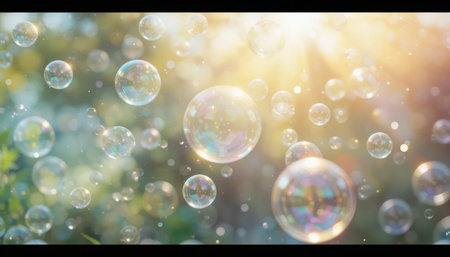 Colorful bubbles shimmer in the sunlight, filling the air with a joyful and whimsical scene in a garden.の素材