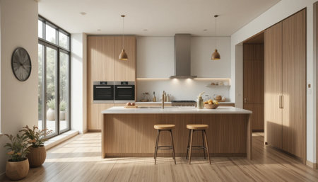 Spacious kitchen featuring wooden cabinets, an island with stools, and abundant natural light from large windows.の素材