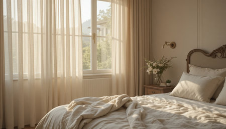 A warmly lit bedroom features sheer curtains, a comfortable bed, and peaceful decor in a tranquil setting.の素材